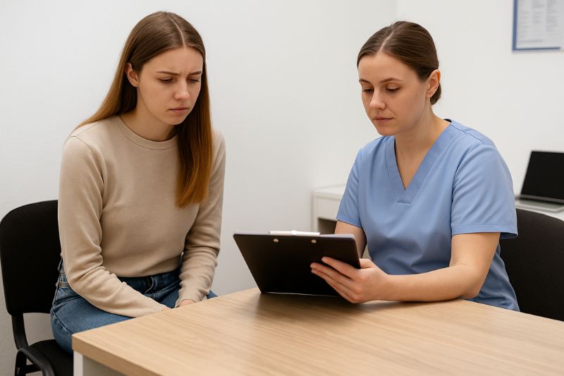 Patient reviewing test results with nurse