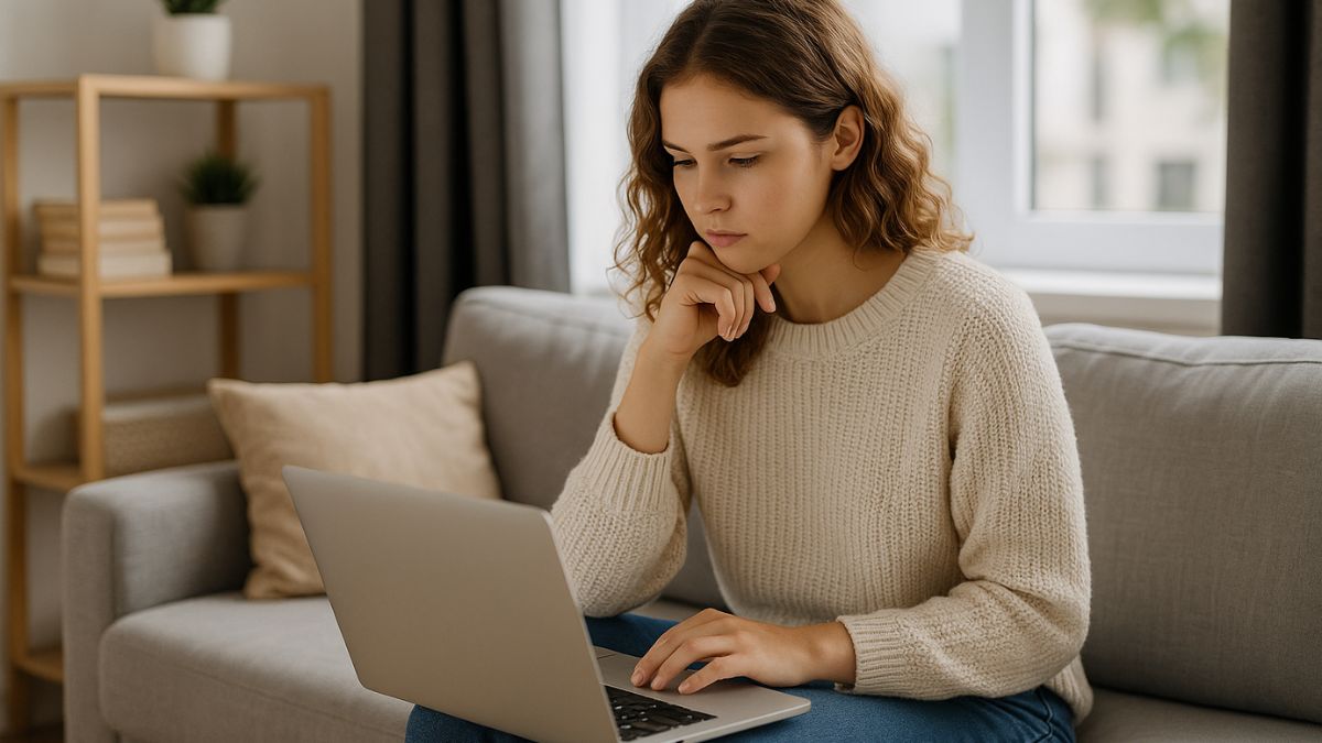 Young woman researching STD testing options without insurance on her laptop in a calm home setting.
